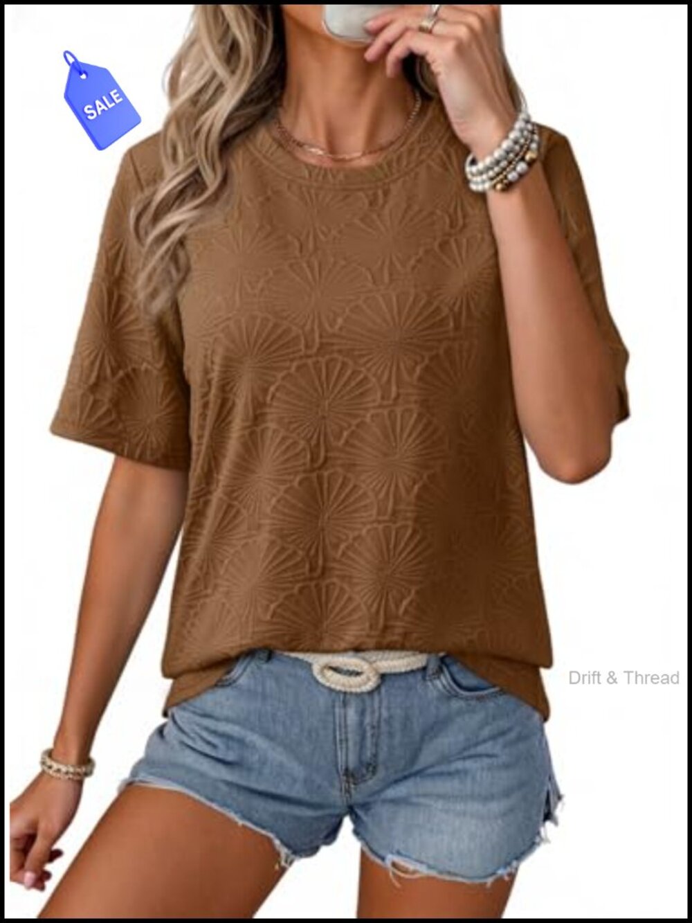 Womens Short Sleeve Textured Tops Crewneck Business Casual Blouse